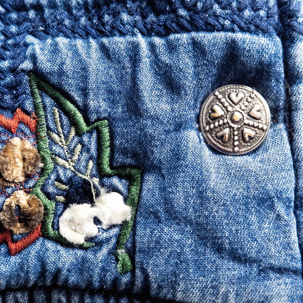 Keren Hart Blue Denim Jacket XL Embroidered Bird Patchwork Cottagecore - Picture 6 of 8